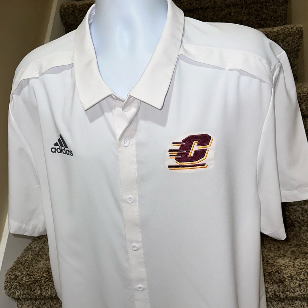 adidas White Short Sleeve Button-Down Polo with Maroon and Gold Logo